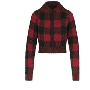 NWT SKIMS COZY KNIT Plaid Zip-Up Jacket in Red and Black
